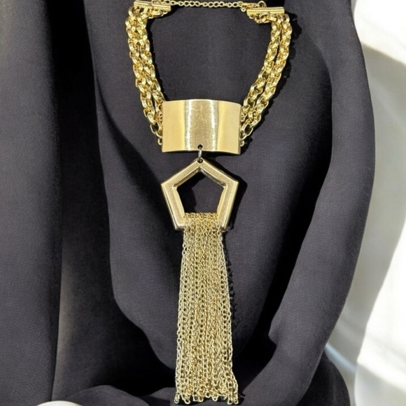 Gold Tone Double Cranky Fringe Choker Bondage Necklace - Picture 4 of 10